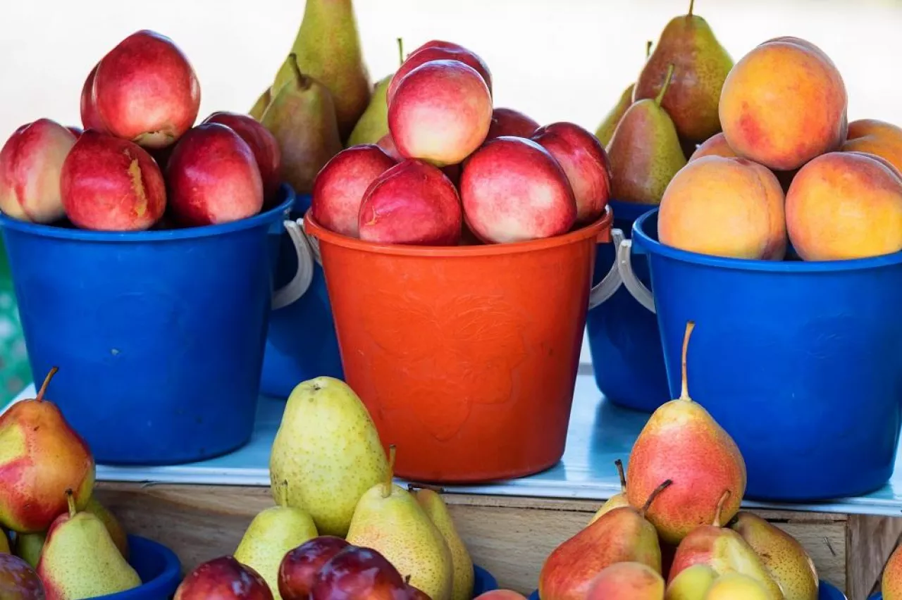 Close up apples and pears in colorful buckets on Russian market