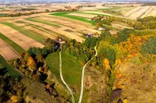 Aerial View over Polish Countryside and Farmland in Swietokrzyskie, Poland.