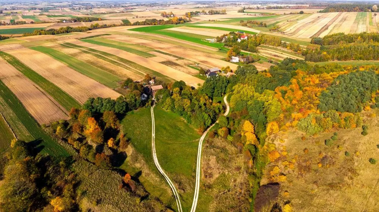 Aerial View over Polish Countryside and Farmland in Swietokrzyskie, Poland.