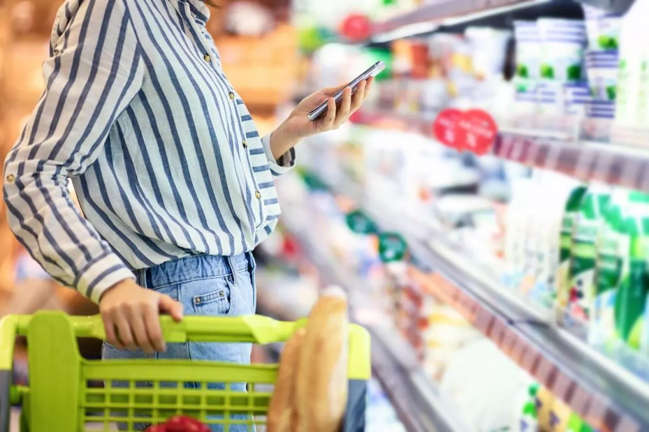 Healthy Food. Closeup cropped side view of unrecognizable young woman doing grocery shopping, using mobile phone, holding trolley cart. Female consumer checking and comparing products prices online