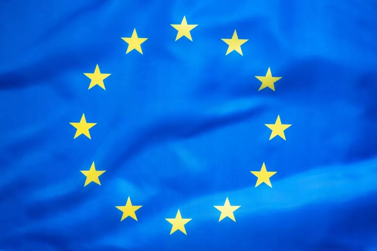Photo of the European Union flag. Waving EU flag. Top view.