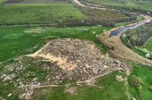 Aerial top view of big stones named Kamyana Mohyla, Melitopol Ukraine, sunny day