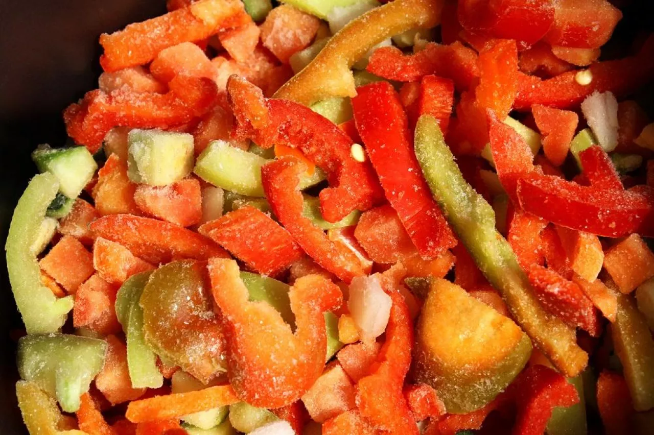 Assortment of mixed frozen vegetables, bright closeup background