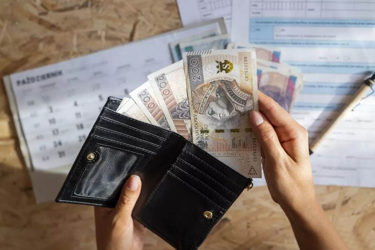 the girl holds in her hands a wallet and zloty paper banknotes for payment