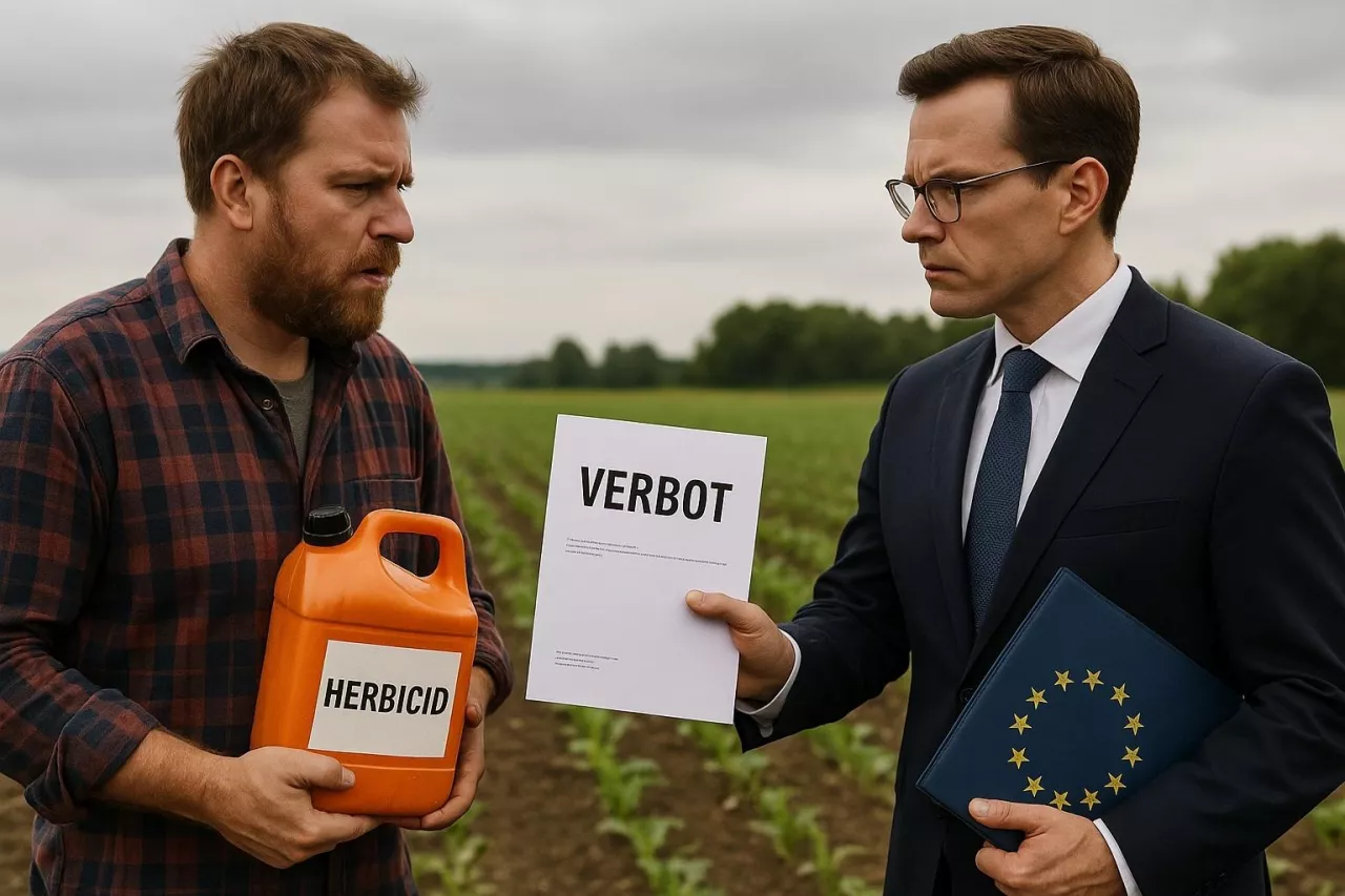 Zdenerwowany rolnik z kanistrem herbicydu i urzędnik UE wręczający decyzję z napisem ”VERBOT”. Scena na tle pola – symbol sporu o regulacje.