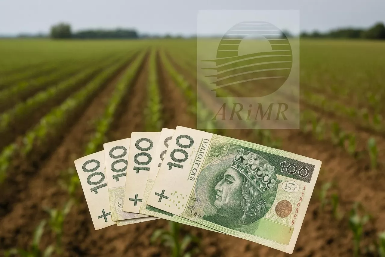 Fotorealistyczne zdjęcie przedstawiające pole uprawne z młodymi roślinami, polskie banknoty stuzłotowe oraz półprzezroczyste logo ARiMR. Obraz ilustruje temat niskiej liczby wniosków o dopłaty bezpośrednie i apel ARiMR o przyspieszenie składania deklaracji.