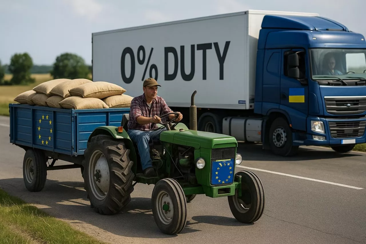 Fotorealistyczna scena przedstawiająca europejskiego rolnika prowadzącego traktor z przyczepą oznaczoną symbolem UE i workami zboża. Obok przejeżdża ciężarówka z ukraińskim symbolem i napisem ”0% duty”. Obraz symbolizuje konkurencję na rynku rolnym między UE a Ukrainą.
