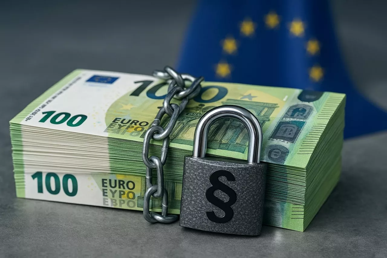 Stos banknotów euro owinięty łańcuchem i zamknięty kłódką z symbolem paragrafu, na tle flagi Unii Europejskiej. Obraz ilustruje kontrowersyjny plan Komisji Europejskiej, by uzależnić dopłaty bezpośrednie dla rolników od oceny praworządności w państwach członkowskich.