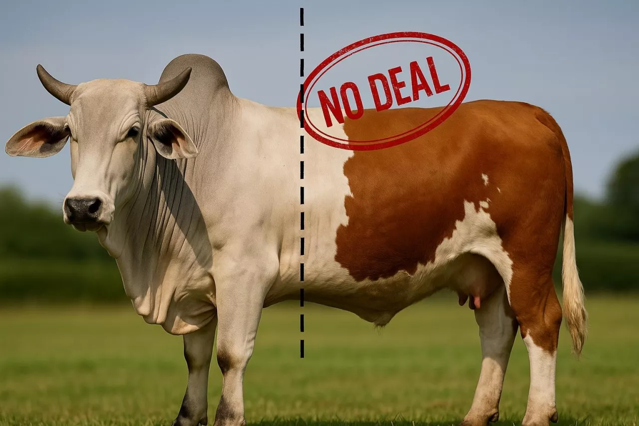 Fotorealistyczna grafika przedstawia krowę składającą się z dwóch połówek – brazylijskiego zebu i europejskiej simentalki. Zwierzę rozdziela przerywana linia z czerwonym stemplem ”NO DEAL”, symbolizującym blokadę porozumienia handlowego UE–Mercosur. Obraz odnosi się do różnic w modelach produkcji i barierach protekcjonistycznych.