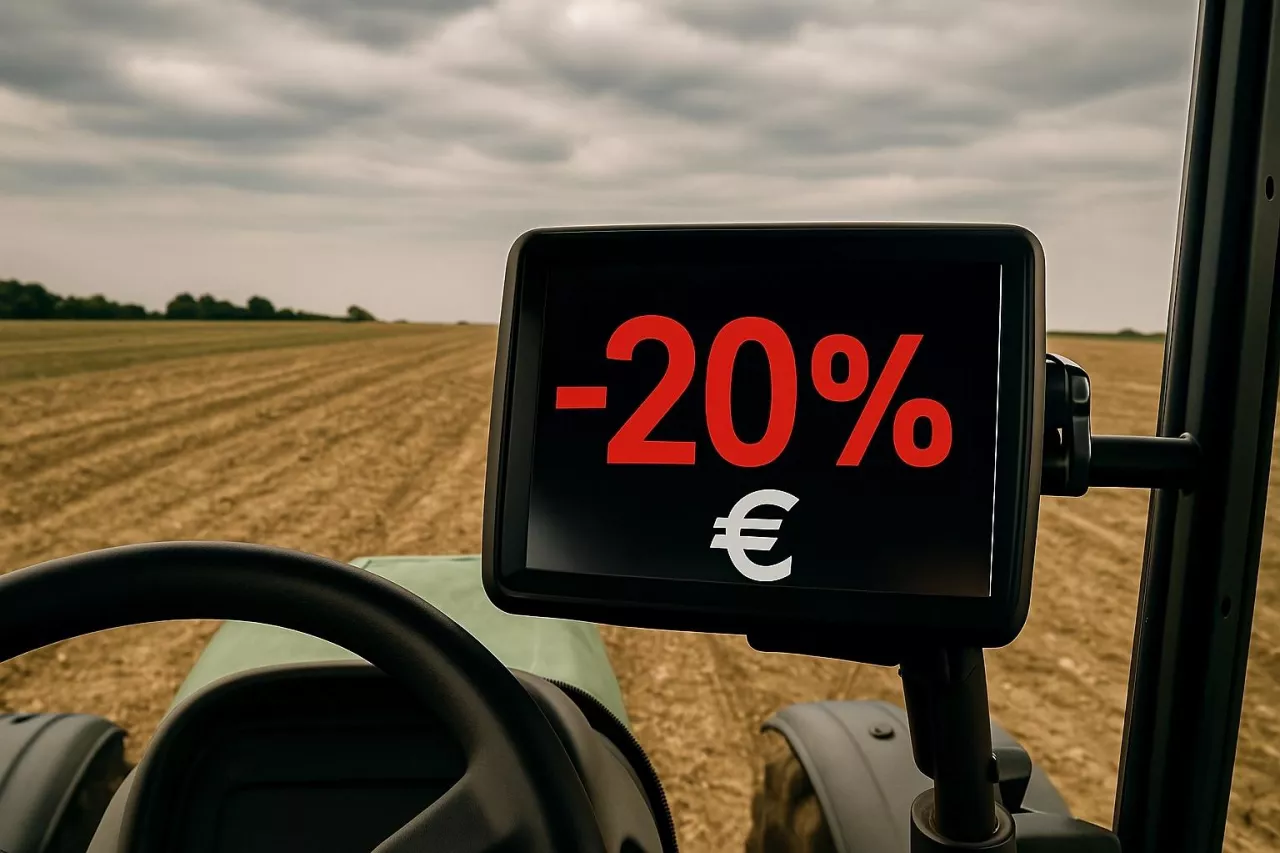 Zdjęcie przedstawia widok z wnętrza kabiny traktora. Na polowym monitorze wyświetla się komunikat ”-20% €”, symbolizujący możliwe zmniejszenie dopłat bezpośrednich w ramach przyszłej Wspólnej Polityki Rolnej UE. W tle widoczne jest wyschnięte, puste pole. To odniesienie do planowanego na lipiec projektu budżetu WPR po 2027 roku i ostrzeżeń europosłów o ryzyku utraty nawet jednej piątej środków przez rolników.