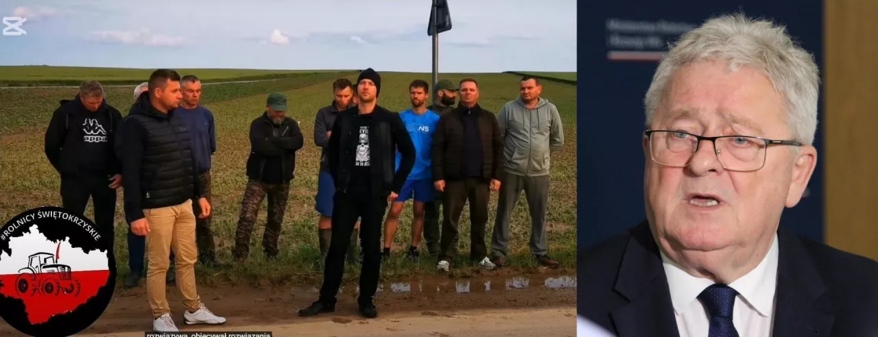 Fotomontaż przedstawiający ministra rolnictwa Czesława Siekierskiego oraz rolników z organizacji Rolnicy Świętokrzyskie. Zdjęcia połączone w kontekście sporu dotyczącego skutków gradobicia i reakcji resortu.
