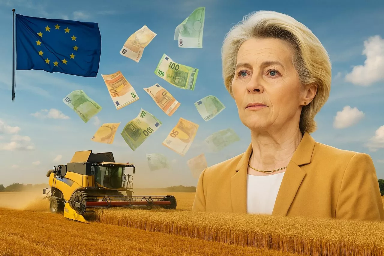 Symboliczna ilustracja przedstawiająca Ursulę von der Leyen na tle pola podczas żniw. Wokół unoszą się banknoty euro, a w tle widać flagę Unii Europejskiej. Grafika nawiązuje do zapowiedzi zmian w budżecie UE, umów handlowych z Mercosurem i Ukrainą oraz możliwego końca dopłat dla rolników.