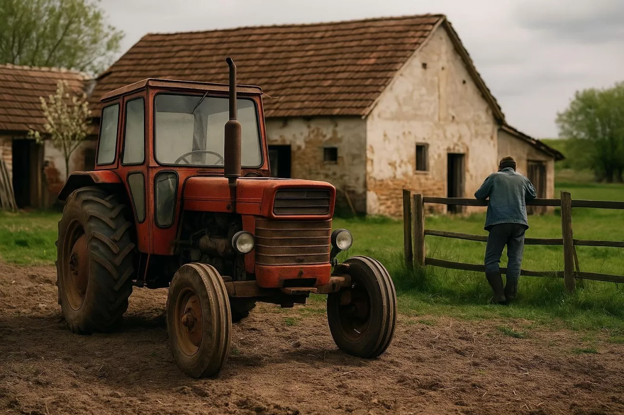 Fotorealistyczne zdjęcie przedstawia stare gospodarstwo z czerwonym ciągnikiem na pierwszym planie i rolnikiem opartym o drewniane ogrodzenie. Scena symbolizuje trudną sytuację ekonomiczną małych gospodarstw rolnych w kontekście planowanych cięć w budżecie Wspólnej Polityki Rolnej UE po 2027 roku.