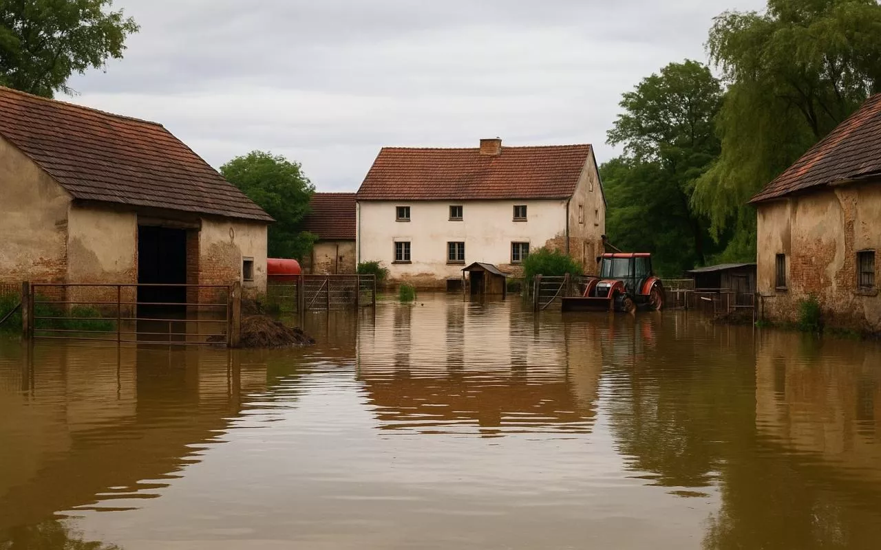 Fotorealistyczna grafika przedstawiająca wiejskie gospodarstwo na Dolnym Śląsku zalane wodą podczas powodzi. Na zdjęciu widoczny budynek mieszkalny, zabudowania gospodarcze oraz częściowo zanurzony traktor. Obraz symbolizuje skutki nieudolnego zarządzania gospodarką wodną i zagrożenia dla rolników.