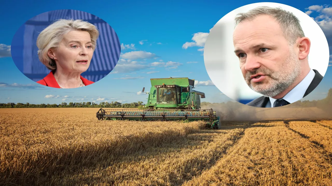Kompozycja fotograficzna przedstawiająca przewodniczącą Komisji Europejskiej Ursulę von der Leyen oraz europosła Krzysztofa Hetmana na tle pracującego kombajnu w czasie żniw. Symboliczne zestawienie rolnictwa z polityką unijną.