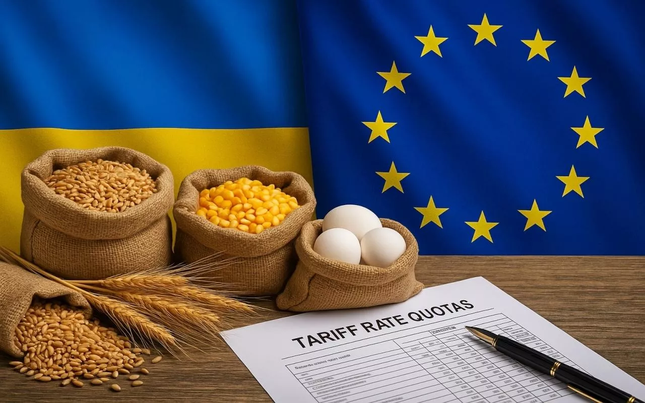 Symboliczne ujęcie przedstawiające produkty rolne z Ukrainy – zboże, kukurydzę i jaja – na tle flag Ukrainy i Unii Europejskiej oraz dokumentu związanego z kontyngentami taryfowymi. Obraz nawiązuje do kontrowersji wokół nowej umowy handlowej UE–Ukraina (DCFTA) i zwiększenia limitów importowych.