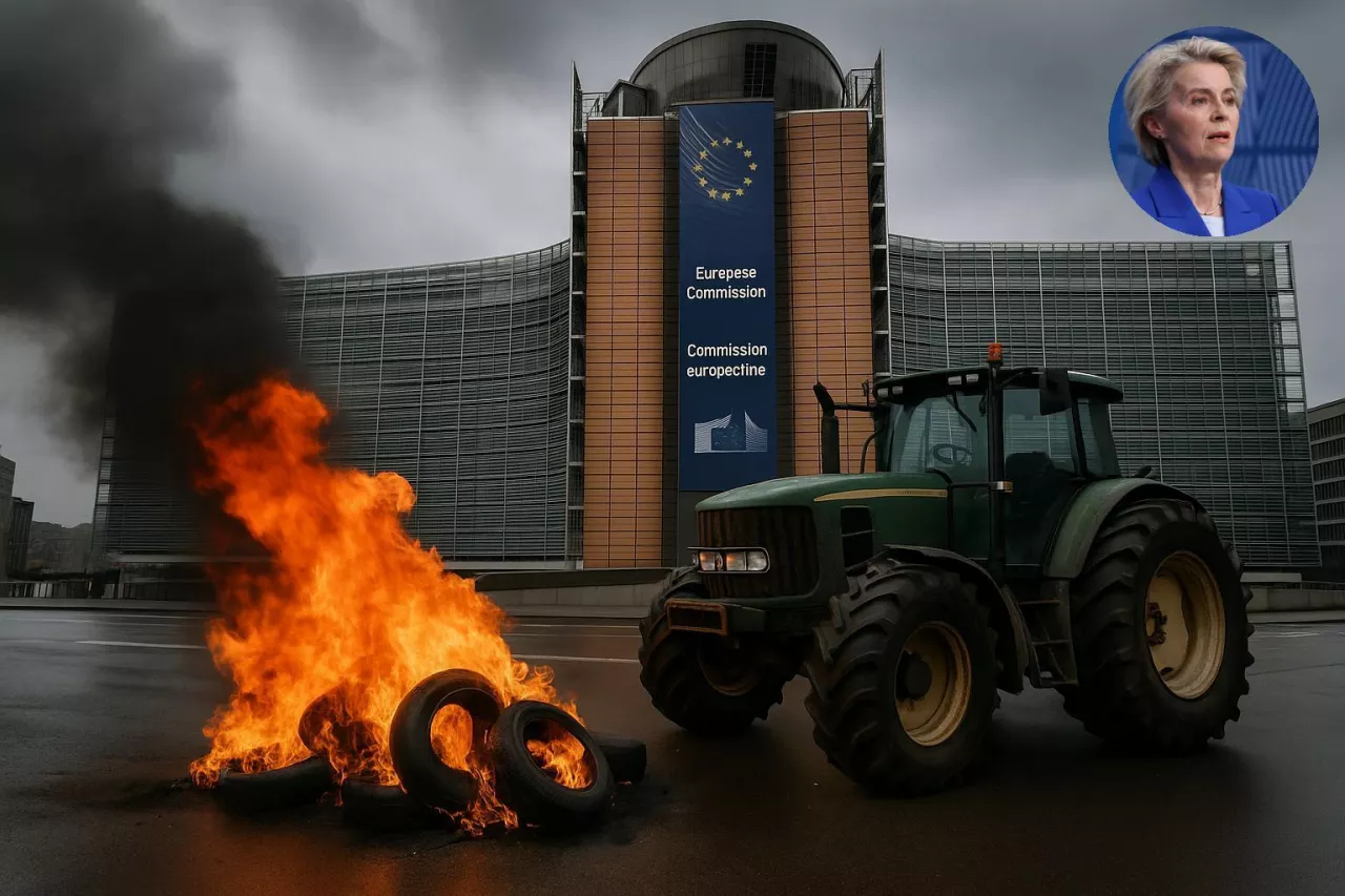 Fotorealistyczna scena przedstawiająca płonące opony przed budynkiem Komisji Europejskiej (Berlaymont) w Brukseli. Obok stoi zielony traktor, a nad kompleksem unosi się gęsty dym. Obraz nawiązuje do protestów rolników przeciw cięciom w WPR i reformie budżetu UE po 2027 roku.