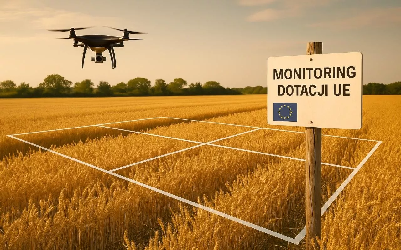 Fotorealistyczna scena przedstawiająca drona nad polem uprawnym z tablicą ”Monitoring dotacji UE” i symbolem Unii Europejskiej. Obraz symbolizuje nowy system nadzoru nad dopłatami rolniczymi w ramach budżetu UE 2028–2034, w tym warunkowość Zielonego Ładu i praworządności.