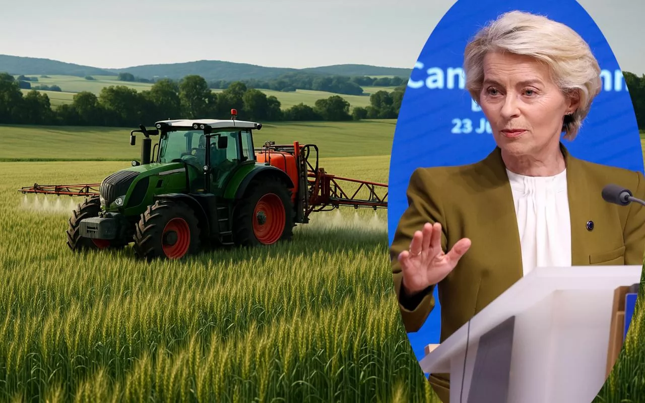 Fotomontaż przedstawiający Ursulę von der Leyen, przewodniczącą Komisji Europejskiej, oraz ciągnik wykonujący zabieg ochrony roślin na polu zbóż w fazie kłoszenia. Obraz użyty w kontekście artykułu o apelu niemieckich europosłów o zmniejszenie biurokracji w rolnictwie.