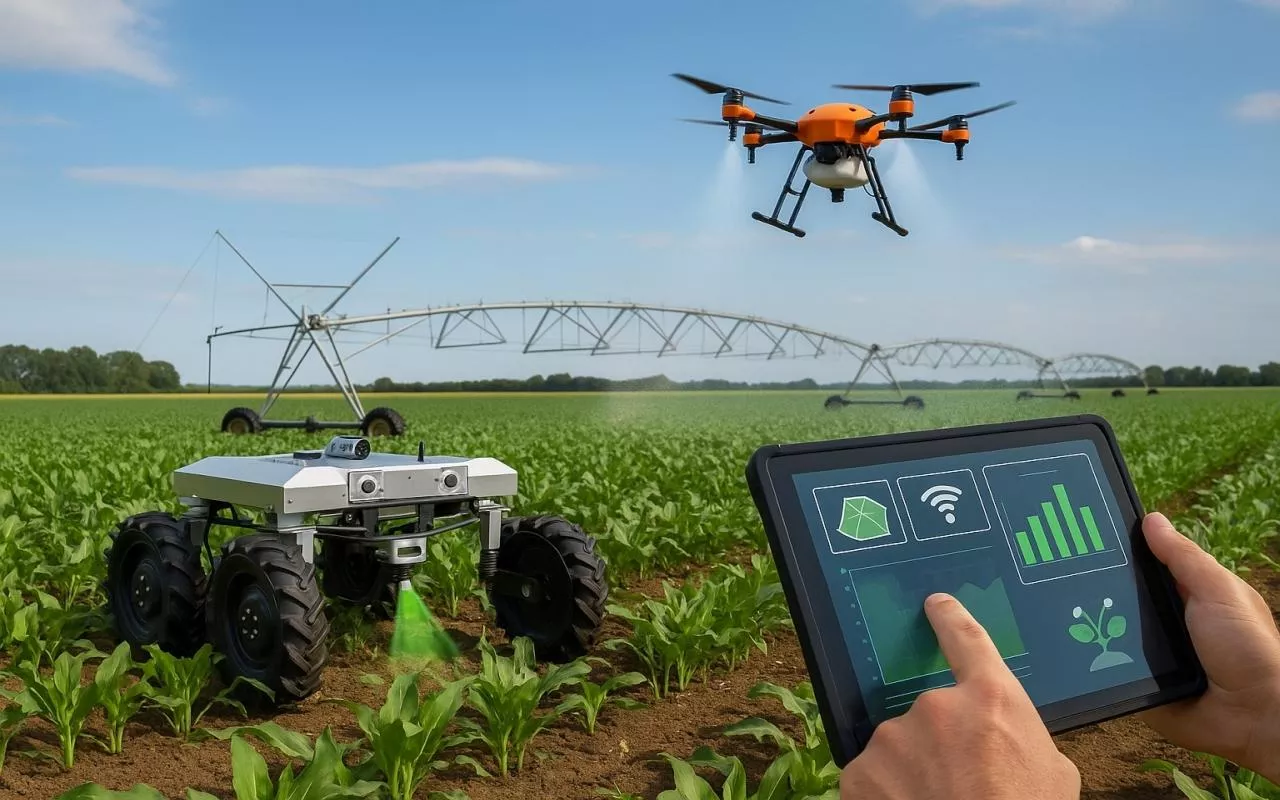 Fotorealistyczne zdjęcie przedstawiające nowoczesne technologie stosowane w rolnictwie 4.0. W polu widoczny jest robot do pielęgnacji roślin, dron rozpylający ciecz, system automatycznego nawadniania oraz rolnik sterujący urządzeniami za pomocą tabletu. Grafika symbolizuje cyfryzację i automatyzację produkcji rolnej.