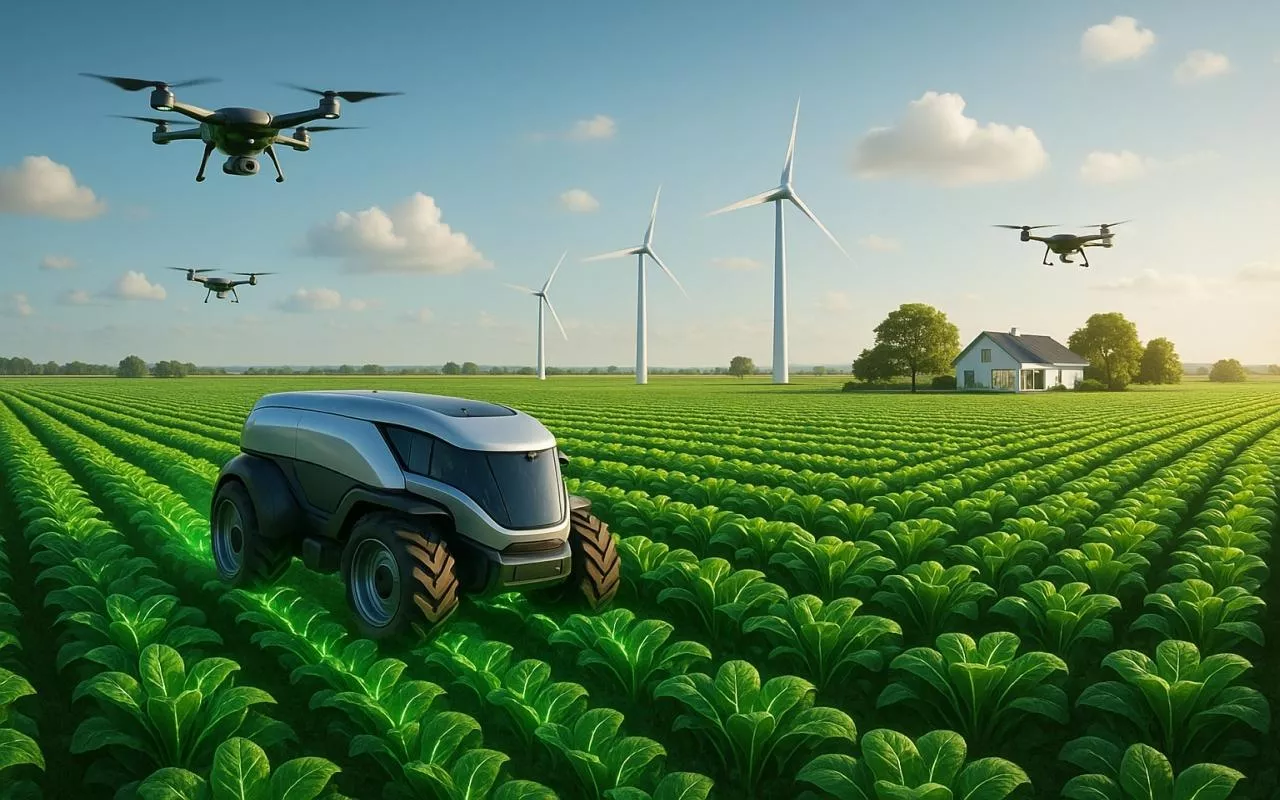 Fotorealistyczna grafika przedstawiająca futurystyczny krajobraz rolniczy z idealnie wypielęgnowanymi uprawami, autonomiczną maszyną rolniczą, dronami monitorującymi pola oraz nowoczesnymi turbinami wiatrowymi w tle. Scena symbolizuje nowoczesne, ekologiczne i zrównoważone rolnictwo przyszłości.