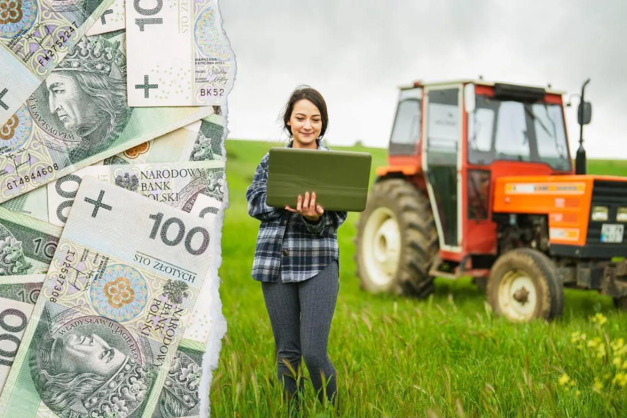 młoda rolniczka, po lewej banknoty polskie, po prawej traktor