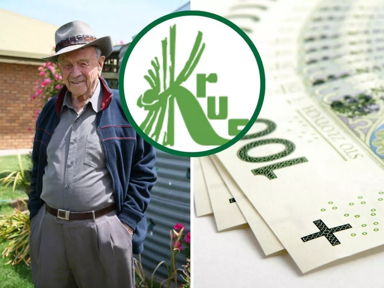 starszy rolnik, logo KRUS i banknoty 100 złotowe