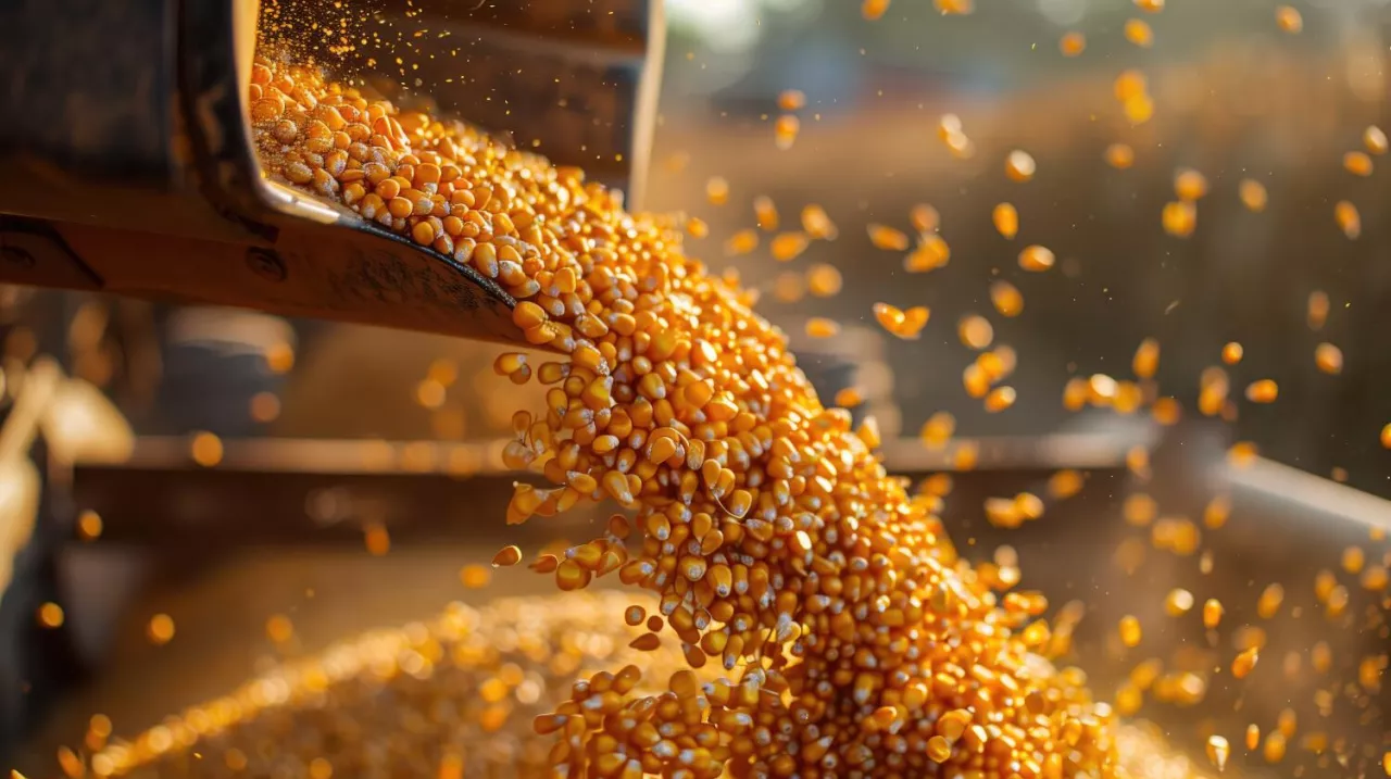 Kukurydza sypiąca się z rury zsypowej podczas rozładunku