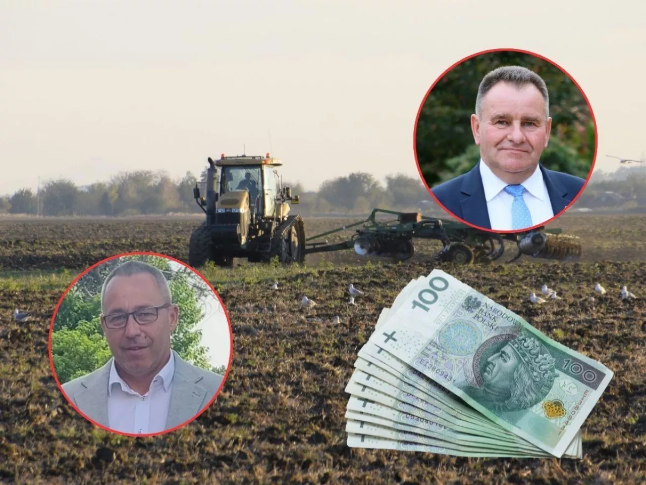 pole, traktor, banknoty, twarze prezesów izby rolniczej