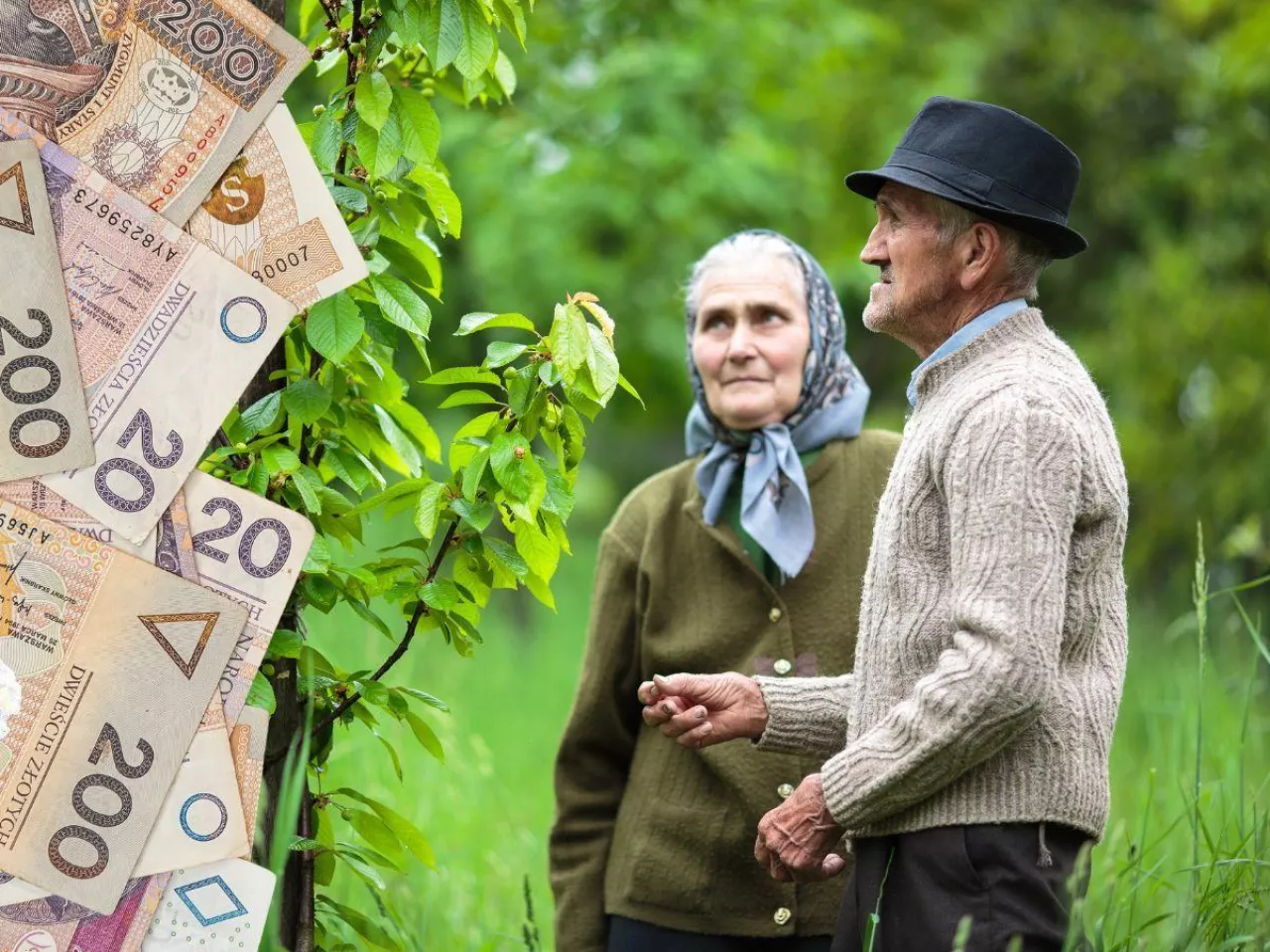 rolnik i rolniczka emeryci, po lewej banknoty polskie