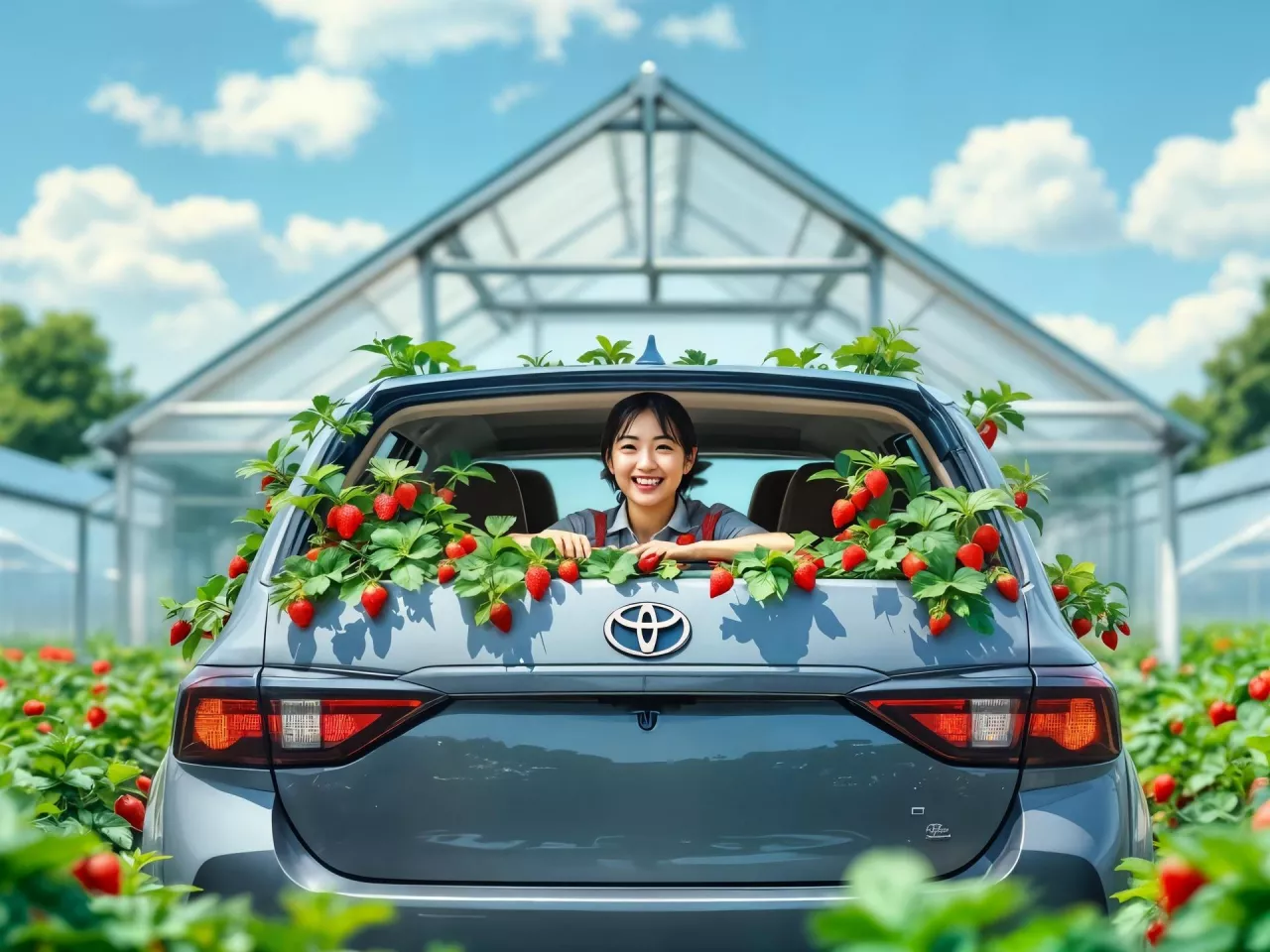 Żartobliwe wyobrażenie uprawy truskawek w szklarniach marki Toyota, kojarzonej powszechniej z produkcją samochodów