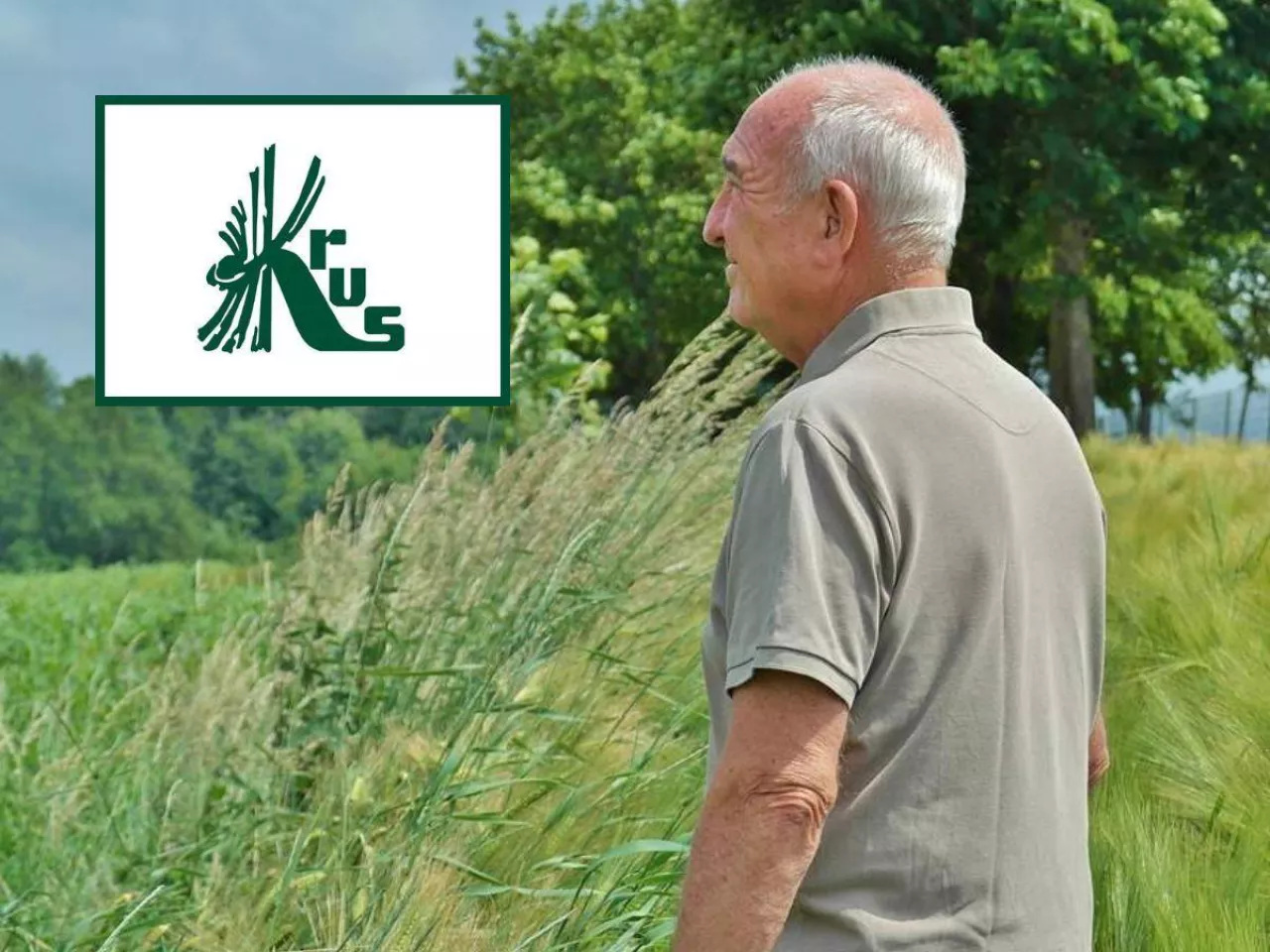 rolnik na łące, starszy mężczyzna, po prawej u góry logo KRUS