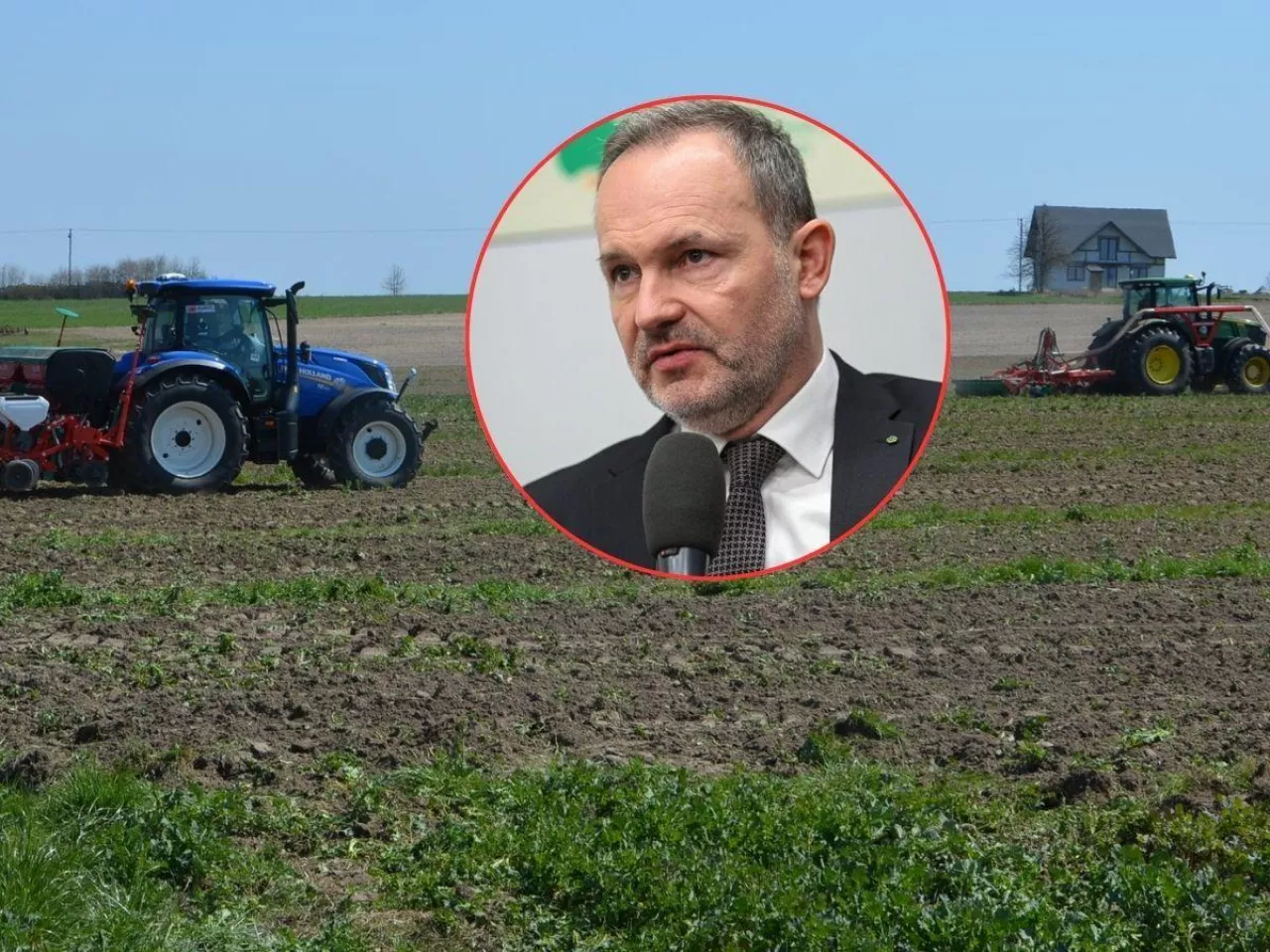 pole, traktory, twarz europosła Hetmana w kółku