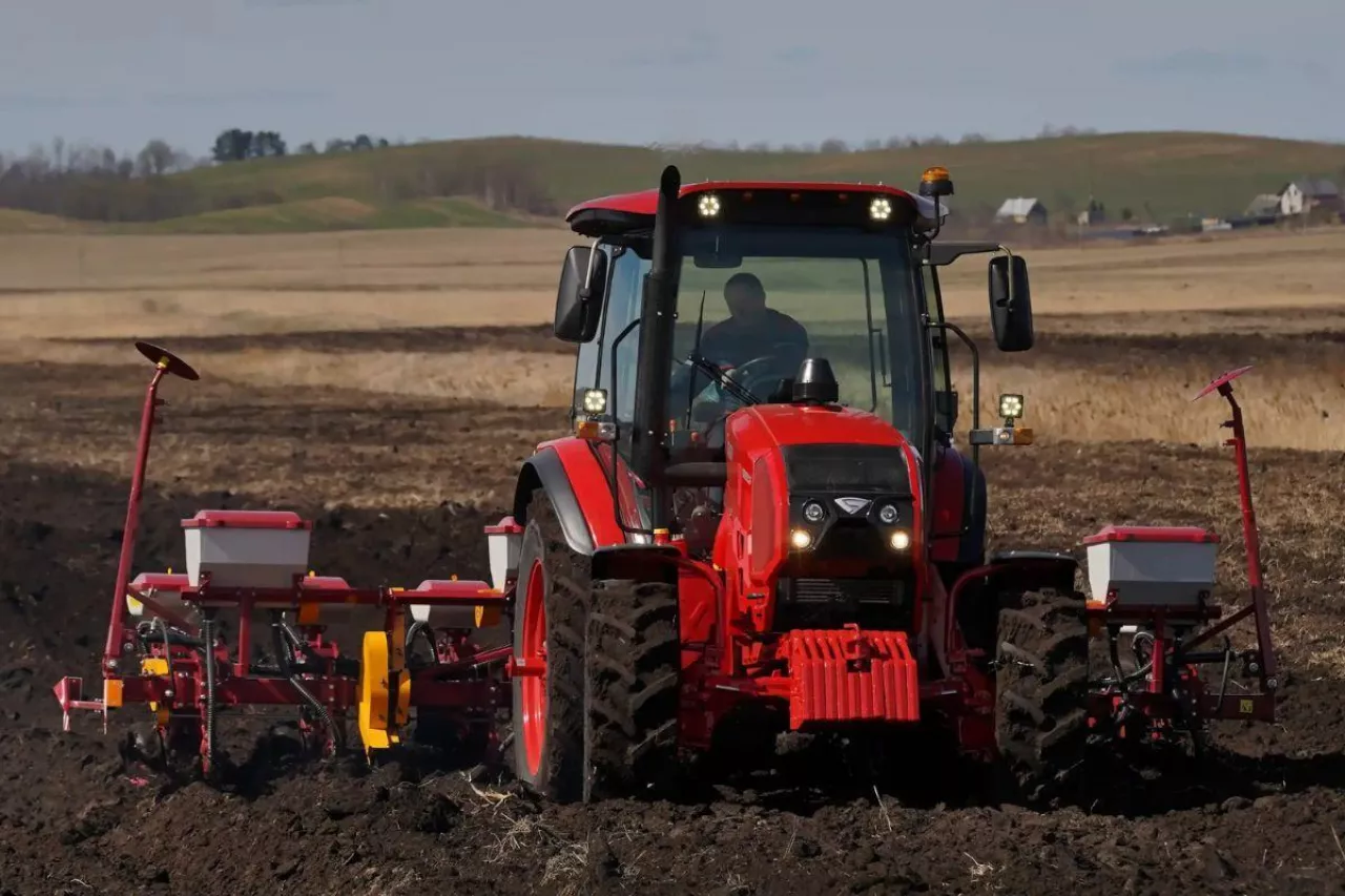 Ciągnik Belarus z agregatem uprawowym w polu