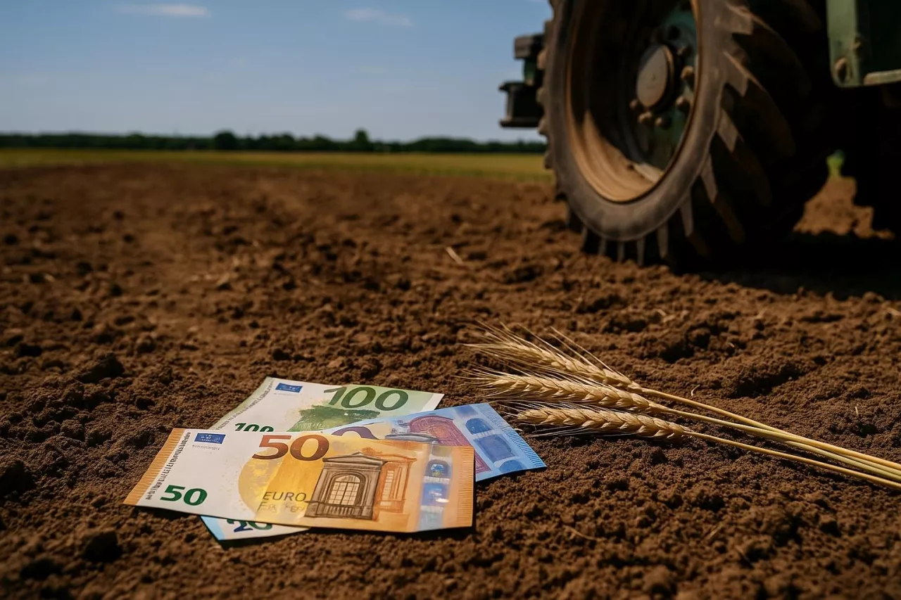 Banknoty euro rozrzucone na polnej drodze symbolizują przyszłość dopłat bezpośrednich dla rolników w kontekście zmian w polityce rolnej Unii Europejskiej